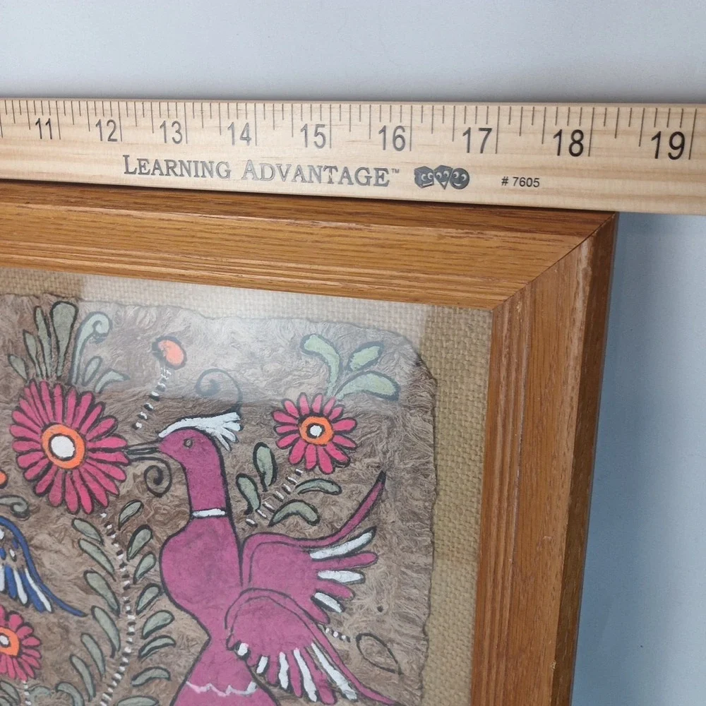 VTG Mexican Amate Bark Paper Folk Art Hand Painted Birds in Frame 18.5 x 14.5